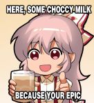  1girl :d bangs beige_background bow chibi chinese_commentary chocolate_milk commentary_request cup drinking_glass english_text eyebrows_visible_through_hair fujiwara_no_mokou hair_between_eyes hair_bow holding holding_cup long_hair looking_at_viewer meme open_mouth pink_hair pointing pointing_at_viewer red_eyes shangguan_feiying shirt sidelocks smile solo suspenders touhou typo upper_body white_bow white_shirt 