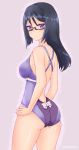  1girl absurdres alice_gear_aegis ass black-framed_eyewear black_hair breasts casual_one-piece_swimsuit commentary_request cowboy_shot glasses hands_on_hips highres long_hair momoshina_fumika one-piece_swimsuit purple_background purple_eyes purple_swimsuit rasen_manga sideboob simple_background solo swimsuit 