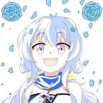  1girl :d beyblade beyblade:_burst blue_bow blue_flower blue_hair blue_rose bow chankyone character_request flower food happy md5_mismatch open_mouth petals pocky purple_eyes rose rose_petals smile solo white_background 