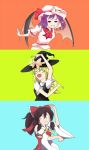  3girls ^_^ ascot bat_wings black_vest blonde_hair blouse bonnet bow braid braided_ponytail brown_hair closed_eyes closed_mouth commentary detached_sleeves dress easy_breezy eizouken_ni_wa_te_wo_dasu_na! emeril-eb english_commentary fang fangs hair_bow hakurei_reimu hands_up hat hat_bow hat_ribbon highres japanese_clothes kirisame_marisa magical_girl miko multiple_girls neckerchief necktie o_o open_hand open_hands open_mouth purple_hair red_blouse red_bow red_eyes red_neckwear red_shirt remilia_scarlet ribbon shirt touhou unamused vest white_dress white_shirt wings witch witch_hat yellow_neckwear 