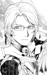  1boy antonio_salieri_(fate/grand_order) armor bespectacled cheekbones fate/grand_order fate_(series) flower formal glasses greyscale holding holding_flower male_focus monochrome pinstripe_suit sindri solo_focus striped suit 