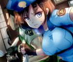  1girl blue_eyes breasts brown_hair chris_redfield closed_mouth fingerless_gloves gloves hat jill_valentine looking_at_viewer nagare resident_evil resident_evil_1 short_hair weapon zombie 