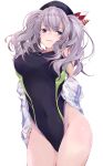  1girl bangs beret blue_eyes blush breasts covered_navel eyebrows_visible_through_hair hat jacket kantai_collection kashima_(kantai_collection) large_breasts long_hair off_shoulder one-piece_swimsuit silver_hair simple_background solo swimsuit twintails wavy_hair white_background white_jacket yumesato_makura 