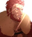  1boy armor beard breastplate cape chest facial_hair fate/grand_order fate_(series) fur_collar highres k_(chissaiossan) leather light_rays looking_at_another male_focus open_mouth red_eyes red_hair rider_(fate/zero) smile white_background 