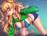  1girl all_fours asymmetrical_hair bangs bikini blonde_hair blue_background blue_bikini blue_bikini_bottom blue_eyes blue_scrunchie breasts cardigan cleavage clothes_lift denim denim_shorts earrings eyebrows_visible_through_hair galko gradient gradient_background green_sweater gyaru hair_ornament hair_scrunchie hanging_breasts jewelry kogal large_breasts long_hair nikita_varb one_side_up oshiete!_galko-chan parted_lips pink_lips red-framed_eyewear scrunchie short_shorts shorts shoulder_cutout side_bun stud_earrings sweater sweater_lift swimsuit thighs thong underwear 
