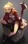  1girl belt blonde_hair boots clarent denim denim_shorts fate/apocrypha fate_(series) green_eyes jacket leather leather_jacket midriff mordred_(fate) mordred_(fate)_(all) navel planted_sword planted_weapon ponytail shorts sitting sword tef weapon 