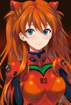  1girl bangs blush bodysuit breasts brown_background commentary_request eva_02 eyebrows_visible_through_hair hair_ornament hairclip highres long_hair looking_at_viewer neon_genesis_evangelion nerv number orange_bodysuit orange_hair puca-rasu red_bodysuit revision small_breasts smile solo souryuu_asuka_langley upper_body 