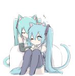  2girls animal_ears bangs black_legwear black_sleeves blue_eyes blue_hair blush cat_ears cat_girl cat_tail closed_eyes closed_mouth detached_sleeves dual_persona eyebrows_visible_through_hair hair_between_eyes hair_ornament hands_on_own_knees hatsune_miku kemonomimi_mode knees_up long_hair long_sleeves multiple_girls nejikyuu one_eye_closed petting shirt simple_background sitting sleeveless sleeveless_shirt tail thighhighs translated twintails very_long_hair vocaloid white_background white_shirt 