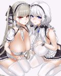  2girls ahoge apron asanagi azur_lane bangs bare_shoulders between_breasts black_hairband blue_eyes blush breasts choker cleavage closed_mouth collarbone commentary_request cosplay covered_nipples dido_(azur_lane) dido_(azur_lane)_(cosplay) dress earrings eyebrows_visible_through_hair formidable_(azur_lane) frilled_apron frilled_choker frills grey_hair hair_ribbon hairband highres huge_breasts illustrious_(azur_lane) jewelry long_hair looking_at_viewer maid_apron mole mole_under_eye multiple_girls open_mouth puffy_short_sleeves puffy_sleeves red_eyes ribbon short_sleeves sirius_(azur_lane) sirius_(azur_lane)_(cosplay) sitting sleeveless sleeveless_dress smile thighhighs thighs tongue tongue_out tress_ribbon tri_tails twintails two-tone_ribbon very_long_hair waist_apron white_apron white_hair white_legwear 