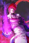  1boy azuma_kyoutarou_(artist) choker dress_shirt fire glowing glowing_eyes highres official_art one_eye_covered pyrokinesis red_hair shirt signature smirk solo the_king_of_fighters yagami_iori 