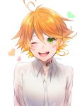  1girl absurdres blush emma_(yakusoku_no_neverland) heart highres kosodoro looking_at_viewer neck_tattoo number_tattoo one_eye_closed open_mouth orange_hair shirt short_hair simple_background smile solo tattoo white_shirt yakusoku_no_neverland 
