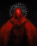  1boy black_background blood cape highres hood hood_up horror_(theme) male_focus monster original red_cape shiny sirfrancisdrake solo upper_body 