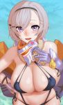  1girl :d asymmetrical_bangs azur_lane bangs bare_shoulders bikini black_bikini black_hairband black_ribbon blue_background blue_gloves blush breasts cleavage commentary_request cowboy_shot gishu gloves grey_hair hair_ornament hairband hairclip hand_on_hip hand_on_own_chest highres large_breasts looking_at_viewer mask_around_neck multi-strapped_bikini navel nose_blush open_mouth purple_eyes reno_(azur_lane) ribbon short_hair side-tie_bikini skindentation smile solo swimsuit wrist_guards 