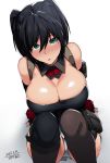  bare_shoulders black_hair blush breast_press breasts cleavage dated detached_collar elbow_gloves eyebrows_visible_through_hair fingerless_gloves gloves green_eyes hair_between_eyes ikeshita_moyuko large_breasts miniskirt mismatched_legwear mole mole_under_eye original panties red_gloves short_hair short_twintails signature skirt sleeveless squatting thighhighs twintails underwear white_background white_panties 