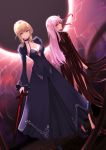  2girls absurdres artoria_pendragon_(all) ass bangs black_choker black_dress black_footwear blonde_hair braid breasts choker cleavage collarbone commentary_request dark_excalibur dark_persona dark_sakura dated dress excalibur eyebrows_visible_through_hair fate/stay_night fate_(series) hair_ribbon heaven&#039;s_feel highres holding holding_sword holding_weapon long_hair looking_at_viewer matou_sakura medium_breasts medium_hair multiple_girls red_dress red_eyes ribbon saber_alter shiina_aoi shoes sword two-tone_dress weapon white_hair yellow_eyes 