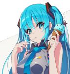  1girl aqua_eyes aqua_hair aqua_nails aqua_neckwear bare_shoulders breasts chocolate_mint_ice_cream commentary food food_in_mouth fumi_t204 grey_shirt hair_ornament hands_up hatsune_miku holding holding_food holding_lollipop ice_cream_cone long_hair looking_at_viewer nail_polish necktie shirt sleeveless sleeveless_shirt small_breasts solo star twintails very_long_hair vocaloid 