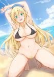  1girl atago_(kantai_collection) beach beret bikini bikini_top black_bikini blonde_hair blonde_pubic_hair blue_sky blush breasts eyebrows_visible_through_hair green_eyes hair_between_eyes hat highres kantai_collection large_breasts long_hair looking_at_viewer no_panties ocean open_mouth pubic_hair pussy_juice shu-ten sitting sky smile solo swimsuit 