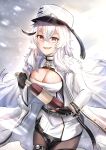  1girl absurdres azur_lane belt black_gloves blush bottle breasts cleavage eyebrows_visible_through_hair fur_trim gangut_(azur_lane) gloves hair_between_eyes hair_ornament hat highres jacket large_breasts long_hair looking_at_viewer military_hat mole mole_under_eye open_mouth pantyhose red_eyes seabread silver_hair smile snowing solo very_long_hair wine_bottle 