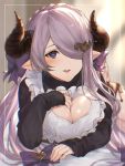  1girl alternate_costume apron bangs black_sweater blue_eyes bow breasts chromatic_aberration cleavage cleavage_cutout draph enmaided frilled_apron frills granblue_fantasy hair_bow hair_ornament hair_over_one_eye hand_on_own_chest heart heart-shaped_pupils highres horns kiri_ph large_breasts lavender_hair maid narmaya_(granblue_fantasy) pointy_ears sleeves_past_wrists smile solo sweater symbol-shaped_pupils twitter_username white_apron 
