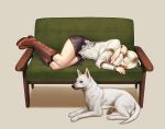  1girl azasuke black_skirt boots breasts brown_footwear cleavage closed_eyes demento dog fiona_belli full_body hewie large_breasts lying miniskirt on_side platinum_blonde_hair short_hair skirt sleeping solo 