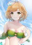  1girl :3 antenna_hair bangs bare_shoulders bikini blonde_hair blue_flower blue_sky blush breasts cleavage closed_mouth collarbone day earrings flower granblue_fantasy green_bikini green_eyes hair_flower hair_ornament jewelry mari_(doraerin0) medium_breasts outdoors short_hair sky smile solo strap_slip swept_bangs swimsuit tassel teena_(granblue_fantasy) upper_body 