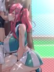  1boy 1girl azur_lane bangs between_legs black_boxer_briefs blush boxer_briefs breasts bremerton_(azur_lane) bremerton_(scorching-hot_training)_(azur_lane) censored chain-link_fence cleavage closed_eyes commentary_request cowboy_shot crop_top crop_top_overhang diffraction_spikes eyebrows_visible_through_hair fellatio fence from_side green_shirt green_skirt grey_hair hair_between_eyes hair_ornament hairclip hand_between_legs hetero huge_breasts kneeling large_breasts long_hair midriff mosaic_censoring multicolored_hair oral out_of_frame penis pink_hair reta_su_gohan shade shirt shoes shorts shorts_pull sidelocks skirt sleeveless sleeveless_shirt sneakers solo_focus sportswear standing streaked_hair sweat tennis_court tennis_uniform tree twintails two-tone_hair two-tone_skirt wet wet_clothes wet_shirt white_shirt white_skirt 