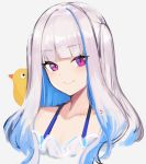  1girl animal_on_shoulder bangs bird blue_hair blunt_bangs blush closed_mouth grey_background hayabusa lize_helesta long_hair looking_at_viewer multicolored_hair nijisanji profile purple_eyes sebastian_piyodore simple_background smile solo two-tone_hair two_side_up virtual_youtuber white_hair 