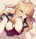  1boy 1girl 846-gou abs animal_ear_fluff animal_ears areolae ass_visible_through_thighs blonde_hair blush breasts collarbone cowgirl_position eyebrows_visible_through_hair fang fate/extra fate/extra_ccc fate/extra_ccc_fox_tail fate_(series) fox_ears fox_tail hair_between_eyes hanging_breasts highres large_breasts long_hair monochrome_background nipples pov sex shadow short_sleeves skirt smile straddling suzuka_gozen_(fate) sweat tail tongue yellow_eyes 