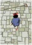  1girl akira black_hair blue_dress bow broom commentary dress from_above from_behind hair_bow kiki majo_no_takkyuubin parody red_bow red_footwear sett short_hair solo studio_ghibli tora0820 walking 