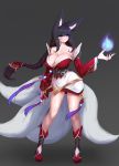  1girl absurdres ahri animal_ear_fluff animal_ears blue_eyes breasts cleavage collarbone commentary commentary_request eyebrows_visible_through_hair facial_mark fox_ears fox_tail highres korean_clothes kumiho large_breasts league_of_legends long_hair looking_away multiple_tails off_shoulder simple_background solo tail whisker_markings yabby 