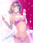  amami_haruka bangs bra breasts brown_hair cleavage clenched_teeth collarbone eyebrows_visible_through_hair green_eyes hair_ribbon hands_up highres idolmaster idolmaster_(classic) irohakaede looking_at_viewer medium_breasts navel one_eye_closed open_clothes open_shirt panties petals pink_bra pink_panties red_ribbon ribbon shirt short_hair smile teeth underwear v white_shirt 