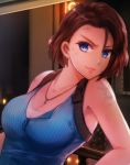  1girl armpit_peek bare_arms blue_eyes blue_shirt breasts brown_hair cleavage collarbone commentary_request dirt furrowed_eyebrows jewelry jill_valentine large_breasts leaning_back leaning_on_rail light_smile looking_at_viewer nagare necklace neon_lights partial_commentary railing resident_evil resident_evil_3 shirt short_hair sleeveless sleeveless_shirt solo standing strap striped striped_shirt tsurime twitter_username undershirt upper_body 