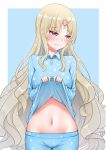 1girl absurdres blonde_hair blue_background blue_pants blue_shirt blush civia closed_mouth ctrl+z highres hololive horn lifted_by_self long_hair looking_to_the_side navel pajamas pants purple_eyes shirt shirt_lift simple_background solo very_long_hair virtual_youtuber 