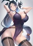  1girl animal_ears arm_strap armpits arms_up bangs bare_shoulders black_gloves black_legwear blush breasts bunny_ears bunnysuit cleavage coattails covered_navel curvy detached_collar fate/grand_order fate_(series) fishnet_legwear fishnets gloves gradient gradient_background grey_background hair_between_eyes highleg highleg_leotard highres imizu_(nitro_unknown) large_breasts leotard long_hair looking_at_viewer low-tied_long_hair minamoto_no_raikou_(fate/grand_order) parted_bangs purple_eyes purple_hair purple_leotard smile solo thighhighs thighs very_long_hair wide_hips wrist_cuffs 