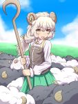  1girl animal_ears braid curled_horns dress fusu_(a95101221) gensou_shoujo_taisen grazing_(livestock) green_dress highres horns long_hair long_sleeves looking_at_viewer meeko_(touhou) monster_girl open_mouth sheep sheep_ears sheep_girl sheep_horns sheep_tail shepherd shepherd&#039;s_crook shirt single_braid smile tail white_fur white_hair white_shirt wool yellow_eyes 