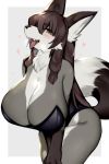  1girl animal_ears breasts brown_hair bunnysuit cleavage cowboy_shot fox fox_ears fox_girl fox_tail furry grey_fur hands_on_legs heart large_breasts long_hair looking_at_viewer mofuaki original simple_background snout solo standing tail 