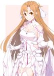  1girl armor armored_dress asuna_(sao) bangs bare_shoulders blush border breastplate breasts brown_eyes brown_hair cleavage detached_sleeves dress eyebrows_visible_through_hair gloves highres lips long_hair looking_at_viewer parted_bangs pink_background raitho104 shiny shiny_hair skirt_hold smile solo sword_art_online sword_art_online_alicization thighhighs very_long_hair white_dress white_gloves white_legwear 