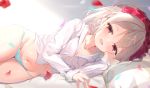  1girl absurdres bed_sheet blue_panties blurry_foreground blush braid breasts cleavage cross_hair_ornament fang flower flower_wreath glint hair_ornament highres honkai_(series) honkai_impact_3rd long_hair long_sleeves looking_at_viewer lying navel on_bed on_side panties petals pillow red_eyes red_flower red_rose rose rose_petals shirt silver_hair skin_fang small_breasts smile solo theresa_apocalypse theresa_apocalypse_(luna_kindred) underwear white_shirt zhongwu_chahui 
