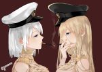  2girls azur_lane bare_shoulders bismarck_(azur_lane) black_headwear blonde_hair blue_eyes breasts character_request cigarette cigarette_kiss commentary_request from_side hair_between_eyes hand_on_own_face hat jewelry large_breasts mouth_hold multiple_girls nail_polish nello_(luminous_darkness) parted_lips peaked_cap pink_nails profile red_background short_hair silver_hair simple_background smoke smoking tirpitz_(azur_lane) twitter_username upper_body 