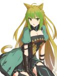  1girl ahoge animal_ears atalanta_(fate) bangs blonde_hair blush braid breasts cat_ears cat_tail collarbone commentary_request elfenlied22 eyebrows_visible_through_hair fate/apocrypha fate_(series) gloves gradient_hair green_eyes green_hair hair_between_eyes highres long_hair looking_at_viewer multicolored_hair open_mouth simple_background solo tail thighhighs two-tone_hair very_long_hair white_background 