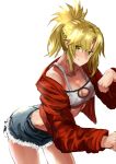  1girl bandeau bangs blonde_hair blue_shorts braid breasts cleavage closed_mouth collarbone cutoffs denim denim_shorts fate/apocrypha fate_(series) french_braid green_eyes jacket jikihatiman leaning_forward long_hair long_sleeves looking_at_viewer mordred_(fate) mordred_(fate)_(all) open_clothes open_jacket parted_bangs ponytail red_jacket short_shorts shorts sidelocks simple_background small_breasts smile solo thighs white_background 