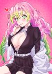  1girl absurdres bangs black_jacket black_skirt blush breasts cleavage closed_mouth collared_shirt dress_shirt gradient_hair green_eyes green_hair hair_between_eyes hair_intakes highres jacket kanroji_mitsuri kimetsu_no_yaiba kuroneko_w1nter large_breasts long_hair long_sleeves looking_at_viewer miniskirt mole mole_under_eye multicolored_hair open_clothes open_jacket open_shirt partially_unbuttoned pink_background pink_hair pleated_skirt shiny shiny_hair shirt sitting skirt smile very_long_hair white_shirt wing_collar 