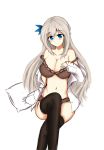  1girl absurdres bare_shoulders black_legwear blue_eyes bow bra breasts brown_bra brown_panties cleavage collarbone crossed_legs elaine13 grey_hair hair_bow hair_ribbon highres lexington_(warship_girls_r) long_hair looking_at_viewer medium_breasts navel on_bed open_clothes open_shirt panties ribbon shirt sitting sitting_on_bed smile solo thighhighs underwear very_long_hair warship_girls_r white_background white_shirt 