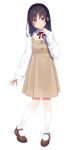  1girl absurdres black_hair blancpig_yryr bow bowtie brown_dress brown_eyes collared_shirt dress fingers_to_mouth full_body highres kneehighs long_hair long_sleeves mary_janes original pinafore_dress red_neckwear shirt shoes smile solo white_background white_legwear 