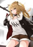  1girl animal_ears arknights artist_name bangs black_choker black_jacket blonde_hair blush breasts brown_eyes brown_shorts choker cleavage commentary cowboy_shot eyebrows_visible_through_hair fur-trimmed_jacket fur-trimmed_shorts fur_trim hair_between_eyes highres holding holding_weapon jacket jcf lion_ears long_hair long_sleeves looking_at_viewer medium_breasts mouth_hold over_shoulder shirt short_shorts shorts siege_(arknights) signature solo standing t-shirt thighs weapon weapon_over_shoulder white_background white_shirt 