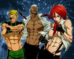  1girl 2boys abs blonde_hair breasts dark_skin dark_skinned_male dynamite-kit eyepatch multiple_boys muscle muscular_female necktie ramon_(kof) red_hair seth_(kof) suspenders the_king_of_fighters undressing vanessa_(king_of_fighters) white_hair 