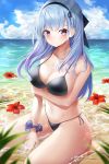  1girl absurdres azur_lane bare_shoulders beach bikini black_bikini blue_hair blue_sky blurry breast_hold breasts caustics cleavage cloud commentary_request day depth_of_field dido_(azur_lane) flower hibiscus highres huge_filesize large_breasts leaf long_hair looking_at_viewer navel ocean outdoors pink_eyes red_flower scrunchie side-tie_bikini sky smile solo stomach string_bikini swimsuit thighs wakum water wrist_scrunchie 