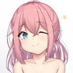  1girl bangs bare_shoulders blue_eyes blush collarbone commentary_request eyebrows_visible_through_hair face kagamihara_nadeshiko long_hair looking_at_viewer one_eye_closed pink_hair simple_background smile solo white_background y3010607 yurucamp 