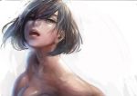  1girl black_eyes black_hair breasts floating_hair half-closed_eyes lips looking_at_viewer medium_hair nude open_mouth original sketch solo takami_masahiro upper_body 