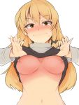  1girl :| blonde_hair blush breasts closed_mouth cowboy_shot hekiga_(freelot) highres kirisame_marisa long_hair medium_breasts navel nipples no_bra nose_blush self_exposure solo sweat touhou white_background yellow_eyes 